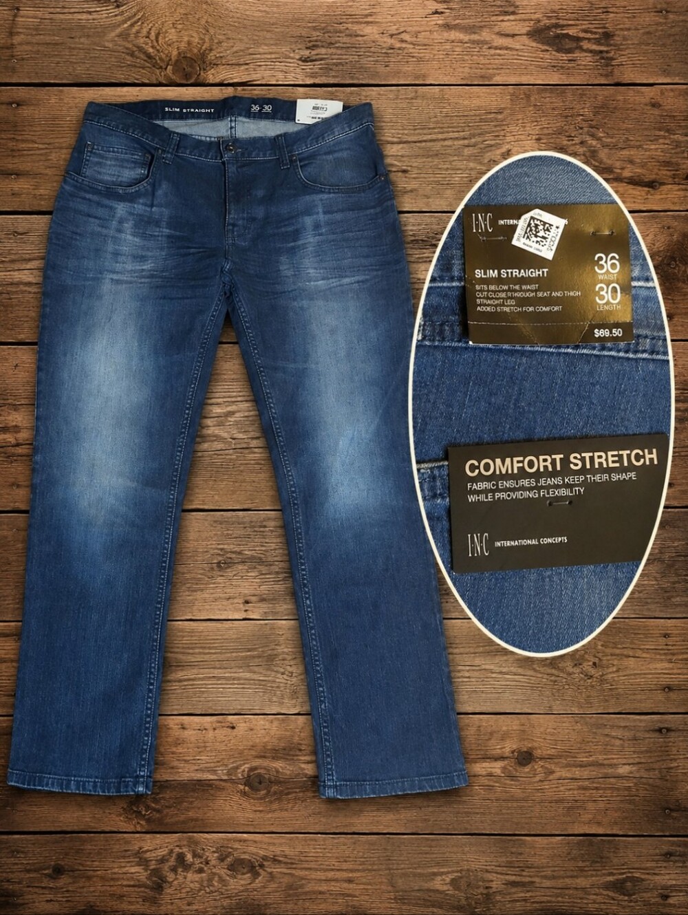 New INC slim straight 10" rise Medium Blue denim jeans Casual NWT W36 L30